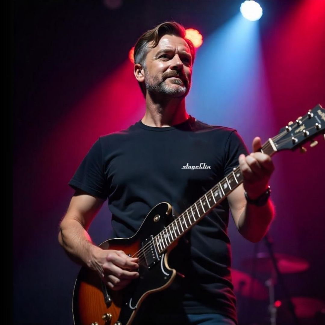 A male musician wearing black StageClix  t-shirt on stage
