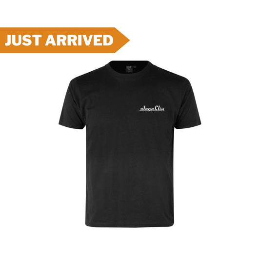 A model of black StageClix t-shirt with a white logo on them